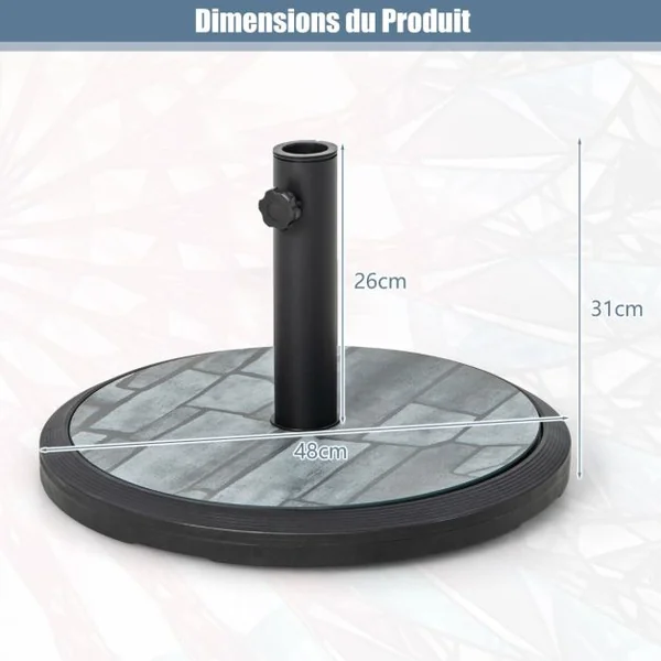 Pied de Parasol Beton φ48CM 15 KG Pied de Parasol Lourd avec 3 Adaptateurs Surface Virée Tube en Fer pour Poteaux de Parasol 35/38/48 mm