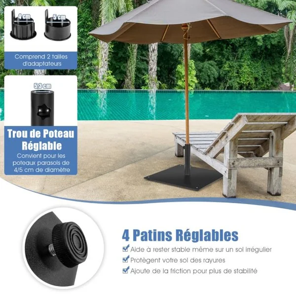 Pied de Parasol Lourd 50x50cm 16kg Socle Parasol Extérieurφ40/50mm avec 4 Repose-pieds Support Parasol en Métal