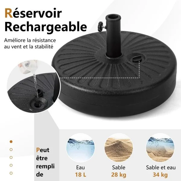 Pied de Parasol Lourd pour Parasolφ38/48 mm Socle Parasol Extérieur en HDPE Rempli de 28Kg Sable/18L Eau Dia.50 x H30 cm