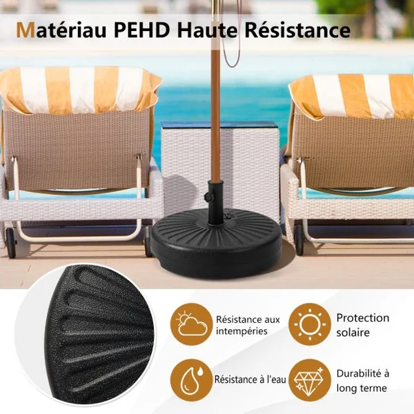 Pied de Parasol Lourd pour Parasolφ38/48 mm Socle Parasol Extérieur en HDPE Rempli de 28Kg Sable/18L Eau Dia.50 x H30 cm