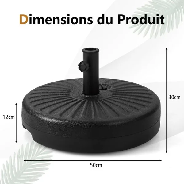 Pied de Parasol Lourd pour Parasolφ38/48 mm Socle Parasol Extérieur en HDPE Rempli de 28Kg Sable/18L Eau Dia.50 x H30 cm