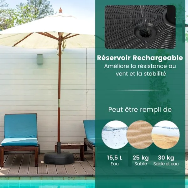 Pied de Parasol pour Parasolφ38 mm/48 mm Socle Parasol Extérieur en HDPE Rempli de 30 kg Sable/ 15,5L Eau Dia.45 x H30 cm