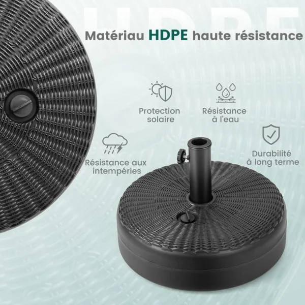Pied de Parasol pour Parasolφ38 mm/48 mm Socle Parasol Extérieur en HDPE Rempli de 30 kg Sable/ 15,5L Eau Dia.45 x H30 cm