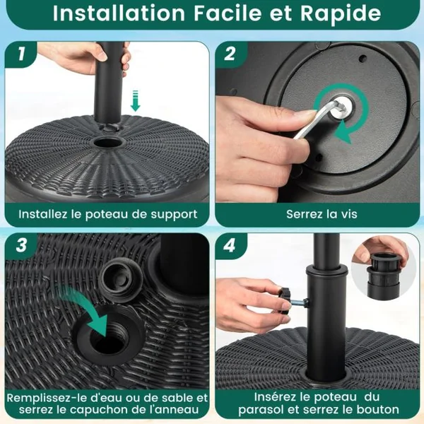 Pied de Parasol pour Parasolφ38 mm/48 mm Socle Parasol Extérieur en HDPE Rempli de 30 kg Sable/ 15,5L Eau Dia.45 x H30 cm