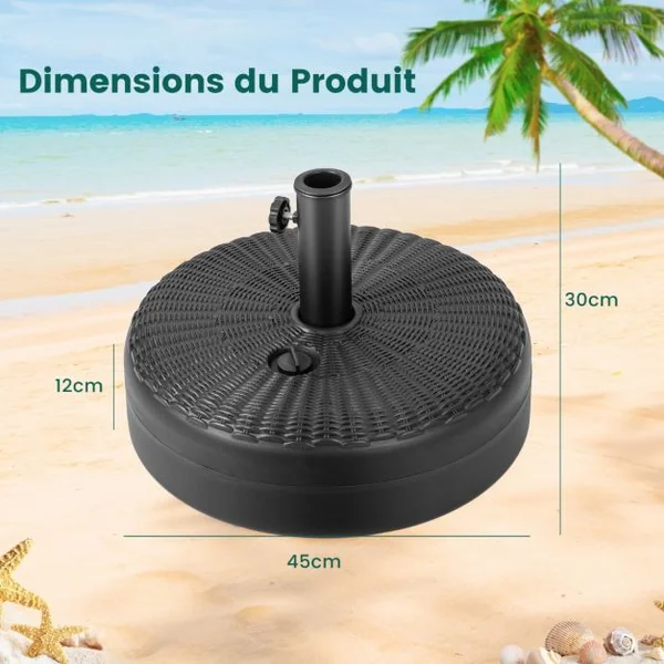 Pied de Parasol pour Parasolφ38 mm/48 mm Socle Parasol Extérieur en HDPE Rempli de 30 kg Sable/ 15,5L Eau Dia.45 x H30 cm