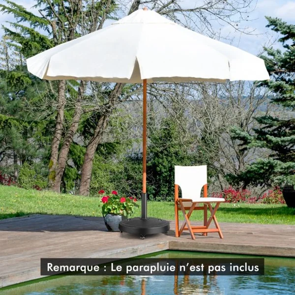 Pied de Parasol sur Roulettes φ52CM Socle Parasol Extérieur en Résine avec 2 Poignées Rétractables 4 Roue Verrouillables pour Poteaux de Parasol 38/48 mm