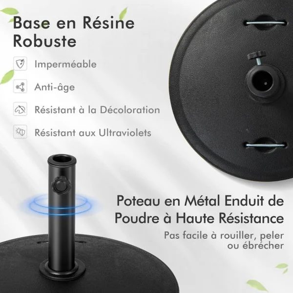 Pied de Parasol sur Roulettes φ52CM Socle Parasol Extérieur en Résine avec 2 Poignées Rétractables 4 Roue Verrouillables pour Poteaux de Parasol 38/48 mm
