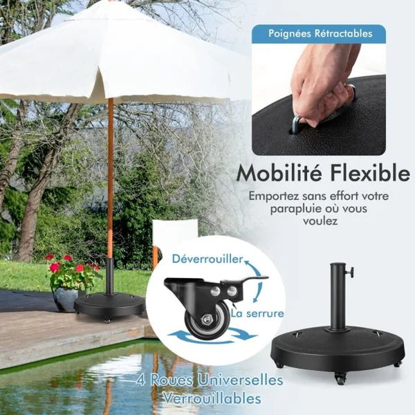 Pied de Parasol sur Roulettes φ52CM Socle Parasol Extérieur en Résine avec 2 Poignées Rétractables 4 Roue Verrouillables pour Poteaux de Parasol 38/48 mm