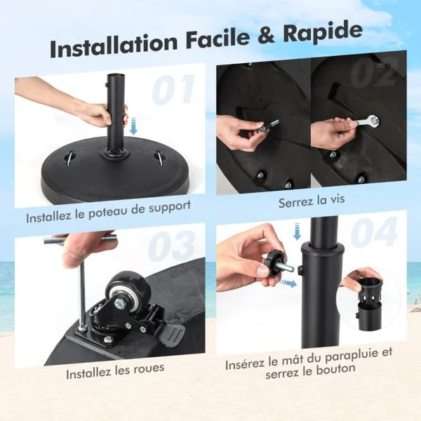 Pied de Parasol sur Roulettes φ52CM Socle Parasol Extérieur en Résine avec 2 Poignées Rétractables 4 Roue Verrouillables pour Poteaux de Parasol 38/48 mm