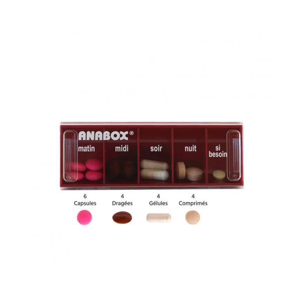 Pilulier journalier Anabox 5 prises par jour Rouge Bordeaux