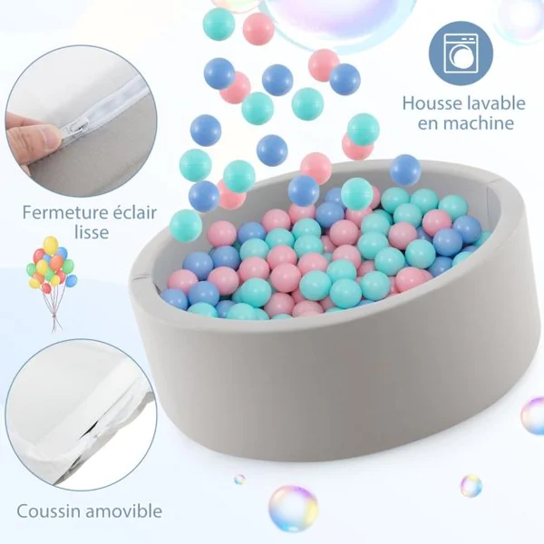 Piscine à Balles en Mousse Piscine Ronde Souple de 90 x 30 CM pour Tout-Petits Enclos de Jeu avec 200 Balles Océaniques pour 1-6 Ans Gris