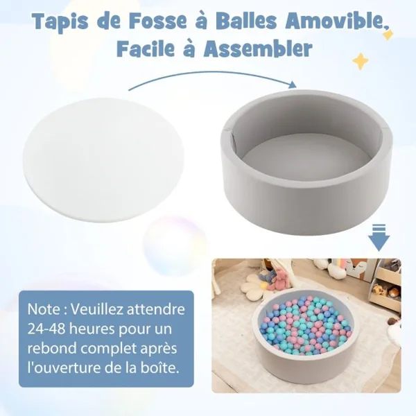 Piscine à Balles en Mousse Piscine Ronde Souple de 90 x 30 CM pour Tout-Petits Enclos de Jeu avec 200 Balles Océaniques pour 1-6 Ans Gris