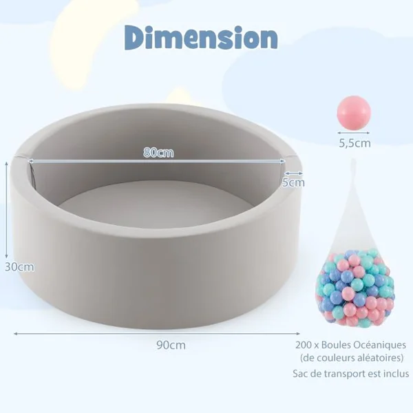 Piscine à Balles en Mousse Piscine Ronde Souple de 90 x 30 CM pour Tout-Petits Enclos de Jeu avec 200 Balles Océaniques pour 1-6 Ans Gris