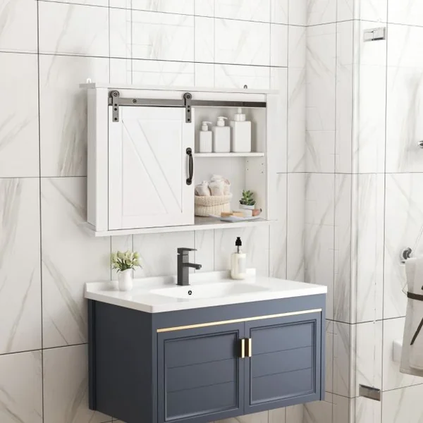 Placard de Rangement de Salle de Bain Mural Suspendu avec Porte Coulissante Étagère Réglable 69,5 x 20 x 50,5 cm Blanc