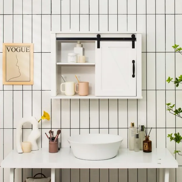 Placard de Rangement de Salle de Bain Mural Suspendu avec Porte Coulissante Étagère Réglable 69,5 x 20 x 50,5 cm Blanc