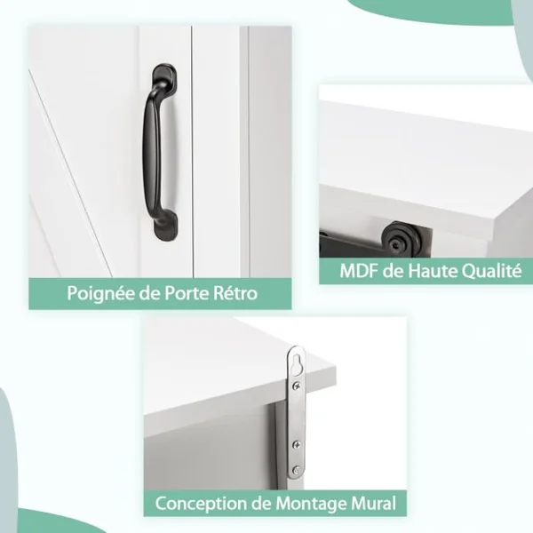 Placard de Rangement de Salle de Bain Mural Suspendu avec Porte Coulissante Étagère Réglable 69,5 x 20 x 50,5 cm Blanc