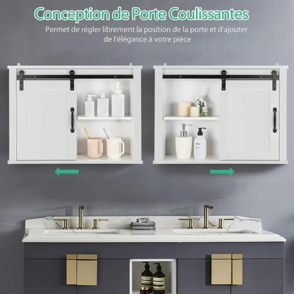 Placard de Rangement de Salle de Bain Mural Suspendu avec Porte Coulissante Étagère Réglable 69,5 x 20 x 50,5 cm Blanc