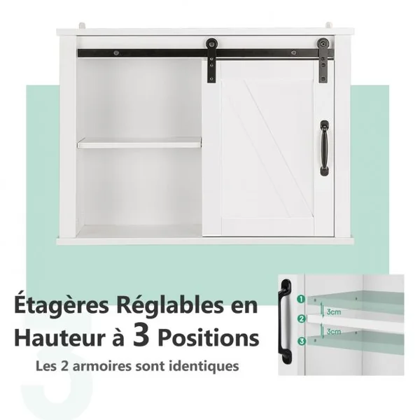 Placard de Rangement de Salle de Bain Mural Suspendu avec Porte Coulissante Étagère Réglable 69,5 x 20 x 50,5 cm Blanc