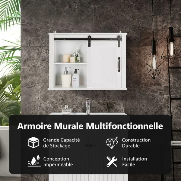 Placard de Rangement de Salle de Bain Mural Suspendu avec Porte Coulissante Étagère Réglable 69,5 x 20 x 50,5 cm Blanc