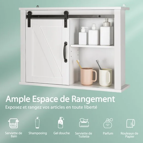 Placard de Rangement de Salle de Bain Mural Suspendu avec Porte Coulissante Étagère Réglable 69,5 x 20 x 50,5 cm Blanc