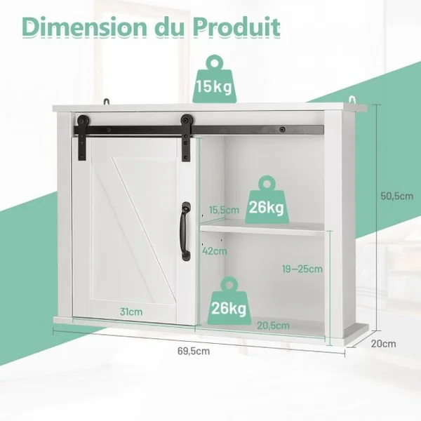 Placard de Rangement de Salle de Bain Mural Suspendu avec Porte Coulissante Étagère Réglable 69,5 x 20 x 50,5 cm Blanc