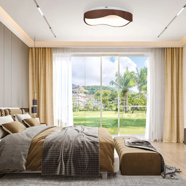 Plafonnier LED Luminaire Moderne 24 W avec Motif en Bois Cadre en Métal Lustre à Éclairage LED 3000 K Lumière Chaude Plafonnier LED Marron