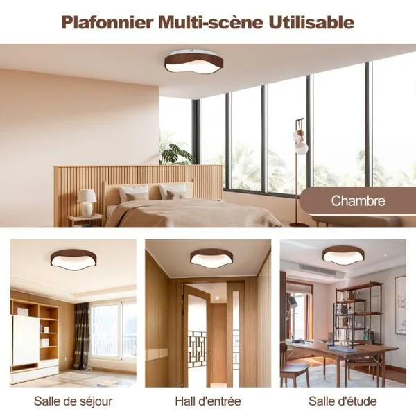Plafonnier LED Luminaire Moderne 24 W avec Motif en Bois Cadre en Métal Lustre à Éclairage LED 3000 K Lumière Chaude Plafonnier LED Marron