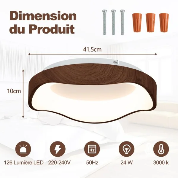 Plafonnier LED Luminaire Moderne 24 W avec Motif en Bois Cadre en Métal Lustre à Éclairage LED 3000 K Lumière Chaude Plafonnier LED Marron