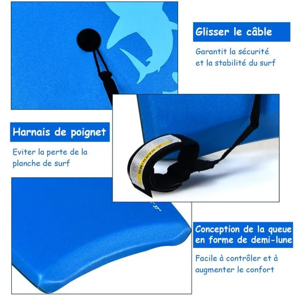 Planche de Bodyboard Surf avec Sangle de 90 CM et Dessin Multiple pour Débutant Enfant Adulte Taill S/M/L Bleu