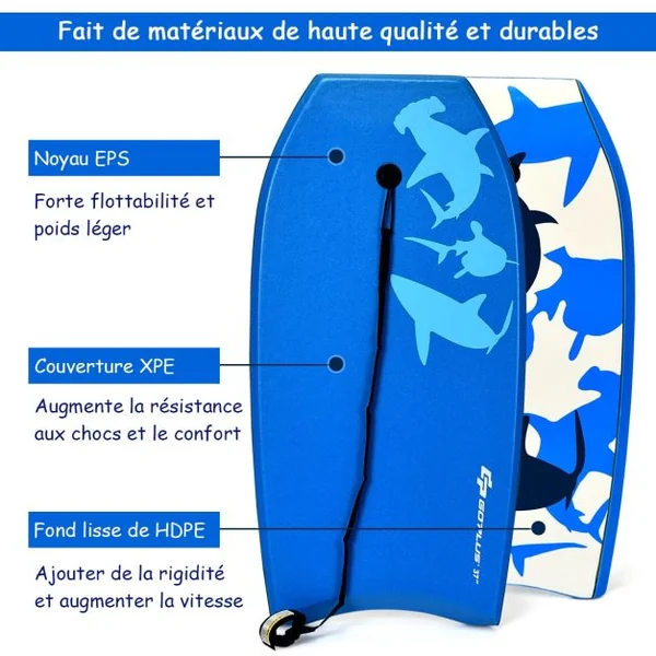 Planche de Bodyboard Surf avec Sangle de 90 CM et Dessin Multiple pour Débutant Enfant Adulte Taill S/M/L Bleu