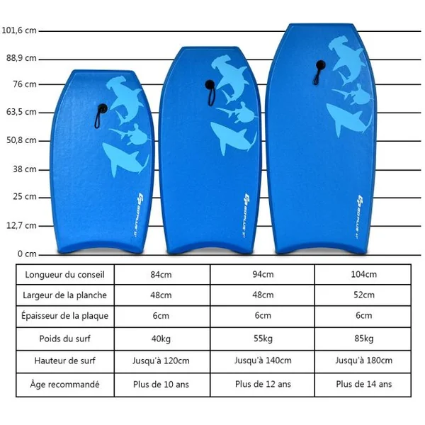 Planche de Bodyboard Surf avec Sangle de 90 CM et Dessin Multiple pour Débutant Enfant Adulte Taill S/M/L Bleu