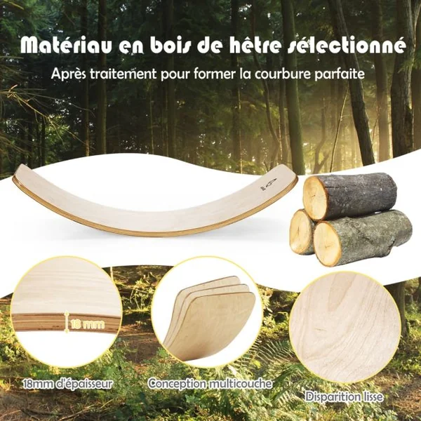 Planche d'Equilibre 90 x 40cm avec Feutre Gris Balance Boards Incurvée en Bois Naturel Charge 220KG pour Yoga Sport