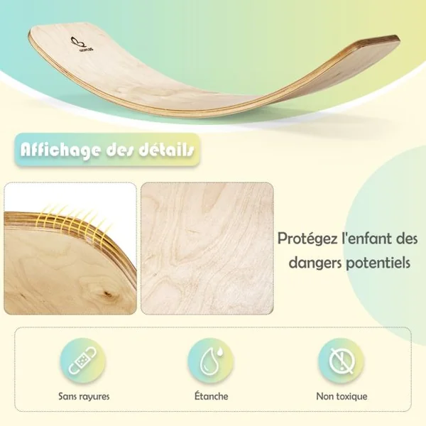 Planche à Bascule en Bois Incurvée avec Feutre Charge 220KG pour Yoga Sport pour Adultes et Enfants 88,5 x 30 x 20CM