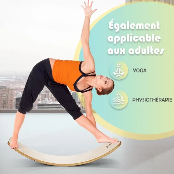 Planche à Bascule en Bois Incurvée avec Feutre Charge 220KG pour Yoga Sport pour Adultes et Enfants 88,5 x 30 x 20CM
