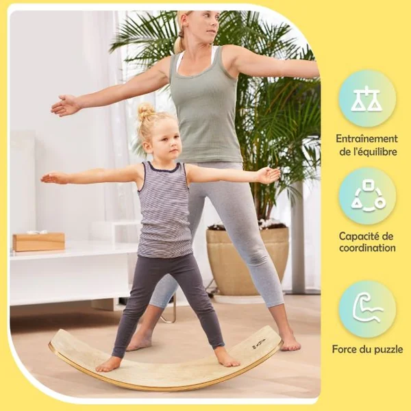 Planche à Bascule en Bois Incurvée avec Feutre Charge 220KG pour Yoga Sport pour Adultes et Enfants 88,5 x 39 x 19CM