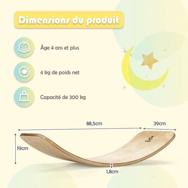 Planche à Bascule en Bois Incurvée avec Feutre Charge 220KG pour Yoga Sport pour Adultes et Enfants 88,5 x 39 x 19CM