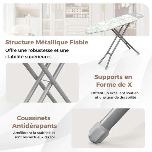 Planche à Repasse avec Support pour Fer 133 x 34 cm Table à Repasser en Acier Au Carbone avec Réglage en Hauteur Jaune+Bleu