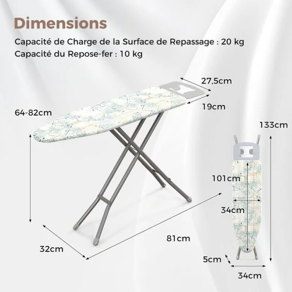 Planche à Repasse avec Support pour Fer 133 x 34 cm Table à Repasser en Acier Au Carbone avec Réglage en Hauteur Jaune+Bleu