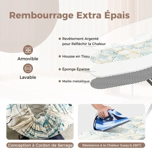 Planche à Repasser avec Repose-Fer 154 x 42 cm Table de Repassage en Acier au Carbone avec 7 Niveaux de Hauteur Coloré
