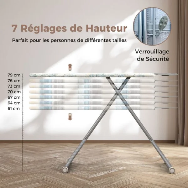Planche à Repasser avec Repose-Fer 154 x 42 cm Table de Repassage en Acier au Carbone avec 7 Niveaux de Hauteur Coloré