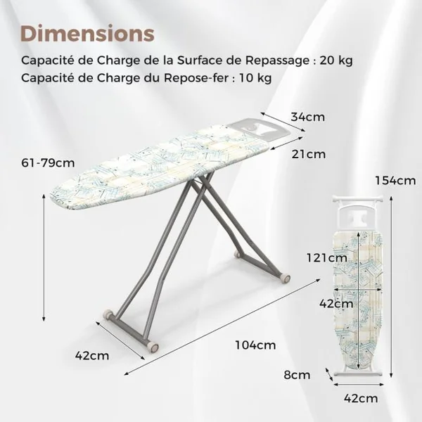 Planche à Repasser avec Repose-Fer 154 x 42 cm Table de Repassage en Acier au Carbone avec 7 Niveaux de Hauteur Coloré
