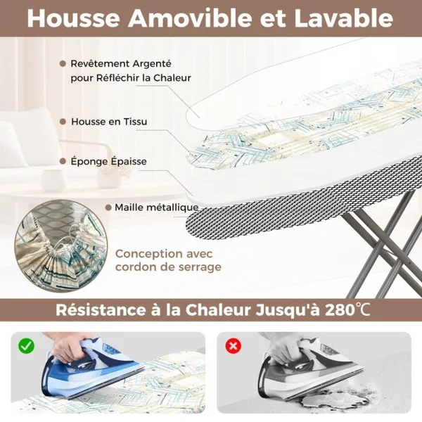 Planche à Repasser Taille Complète avec Repose-Planche Table à Repasser au Carbone de 149 x 38 cm avec Hauteur Réglable Coloré