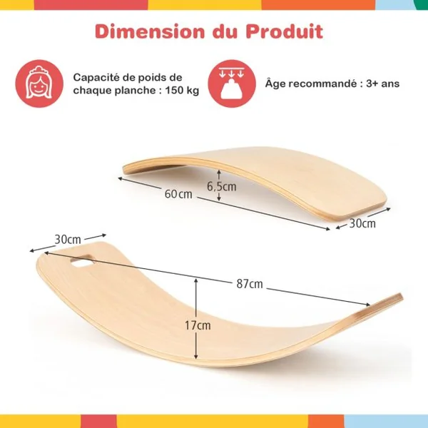 Planches d’Équilibre en Bois 2 Pièces 87x30/60x30CM Charge 150KG Balance Board avec Courbe Douce et Poignées 2CM d'Épaisseur
