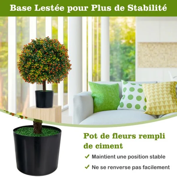 Plante Artificiel Lot de 2 Boule de Buis en Topiaire 38 x 55 cm (Dia. x H) avec Fruits des Couleurs Vivantes Pots Inclus