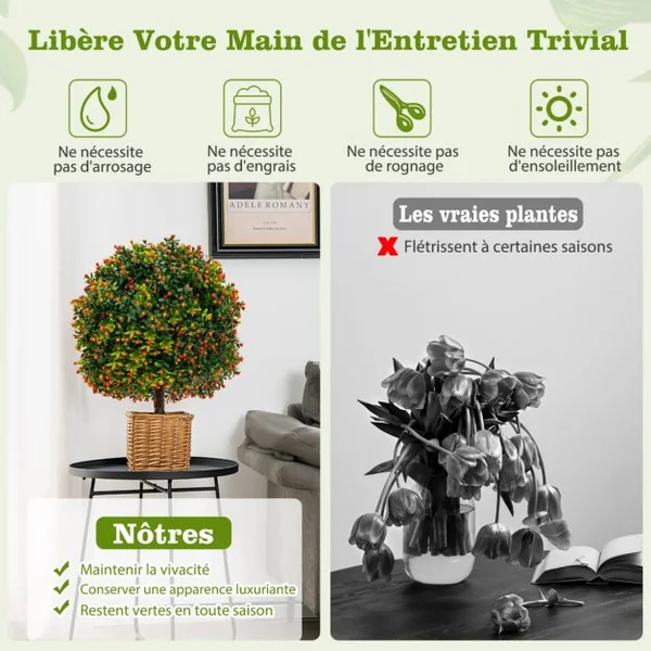 Plante Artificiel Lot de 2 Boule de Buis en Topiaire 38 x 55 cm (Dia. x H) avec Fruits des Couleurs Vivantes Pots Inclus