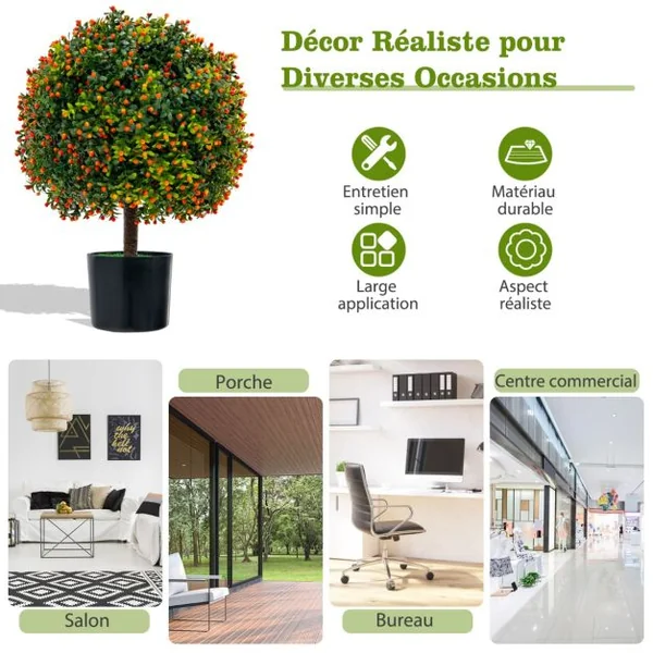 Plante Artificiel Lot de 2 Boule de Buis en Topiaire 38 x 55 cm (Dia. x H) avec Fruits des Couleurs Vivantes Pots Inclus