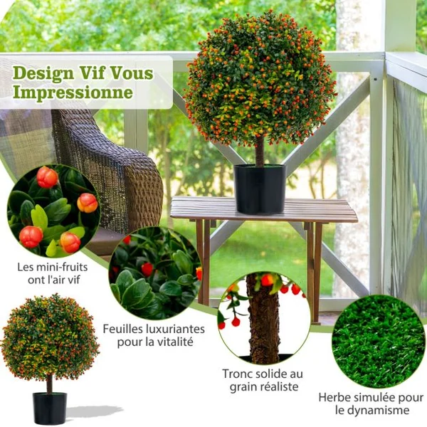 Plante Artificiel Lot de 2 Boule de Buis en Topiaire 38 x 55 cm (Dia. x H) avec Fruits des Couleurs Vivantes Pots Inclus
