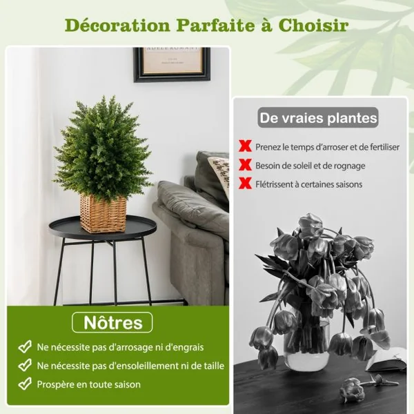 Plante Artificiel Lot de 2 Boule Topiaire Cyprès 33 x 54 cm (Dia. x H) Pots Inclus Décoration Intérieur Extérieur