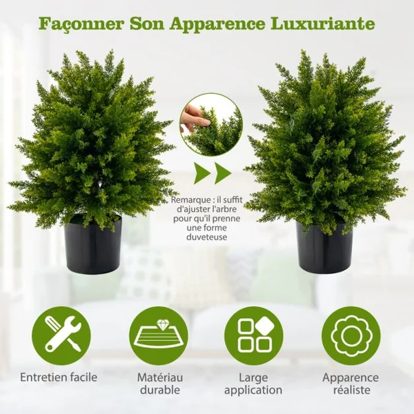 Plante Artificiel Lot de 2 Boule Topiaire Cyprès 33 x 54 cm (Dia. x H) Pots Inclus Décoration Intérieur Extérieur