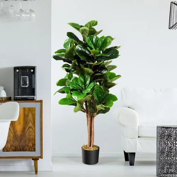 Plante Artificielle 120CM avec Pot Décoration en PP Souple Fausse Figuier à Feuilles de Violon 118 Feuilles en PEVA
